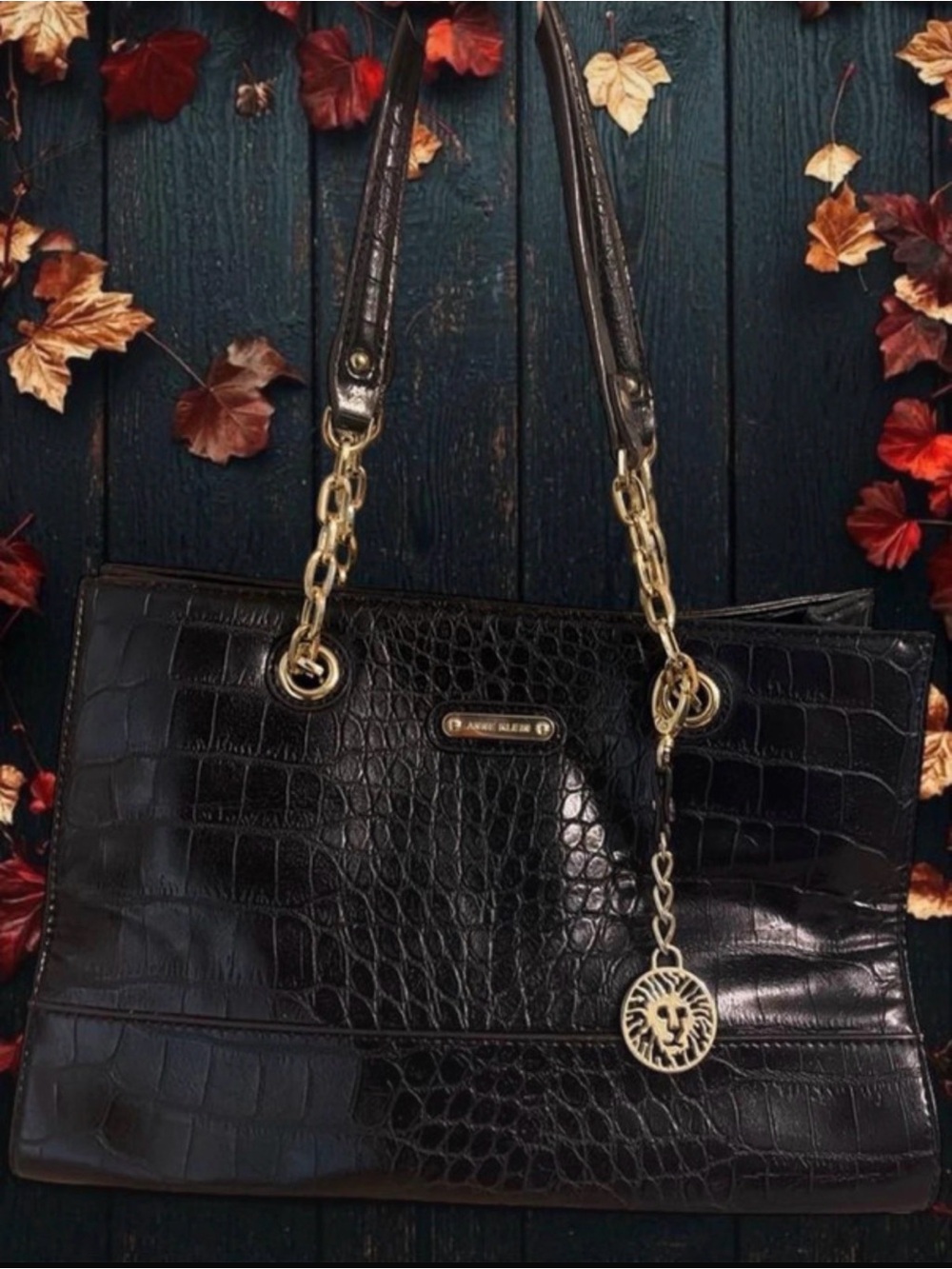 Anne Klein Black Croc-Embossed Shoulder Tote with Gold Hardware
